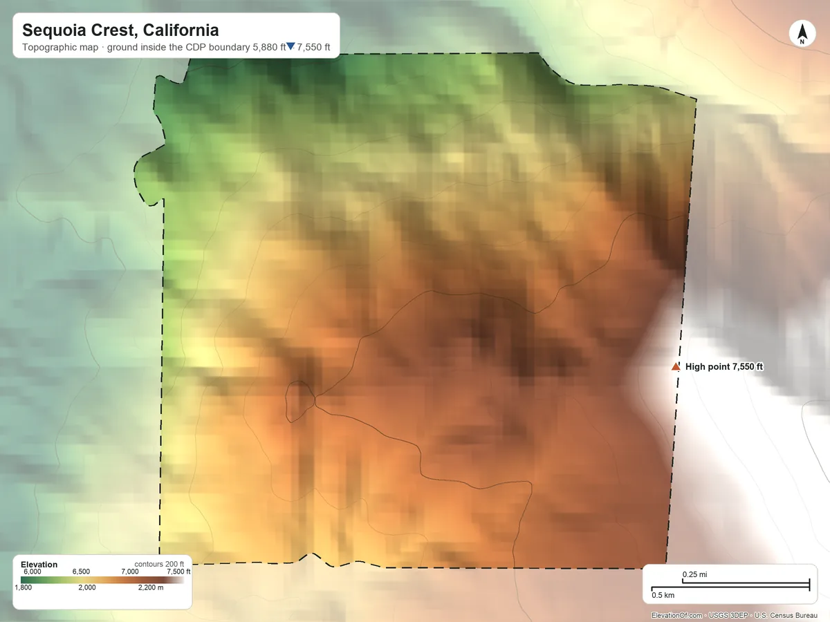 Topographic elevation map of Sequoia Crest, California, shaded from 5,880 ft on the north side to 7,550 ft on the east edge, below higher ground just outside
