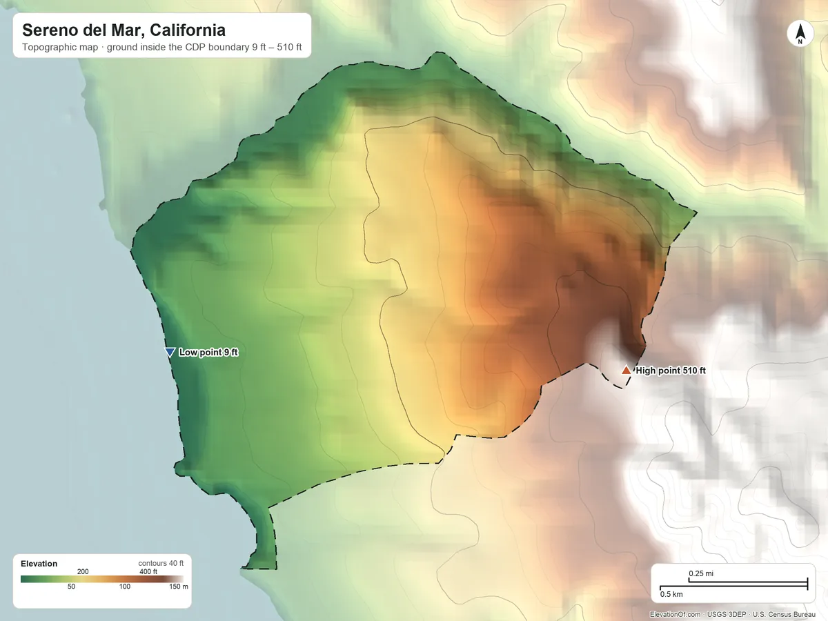 Topographic elevation map of Sereno del Mar, California, shaded from 9 ft on the northwest side to 510 ft on the east edge, below higher ground just outside