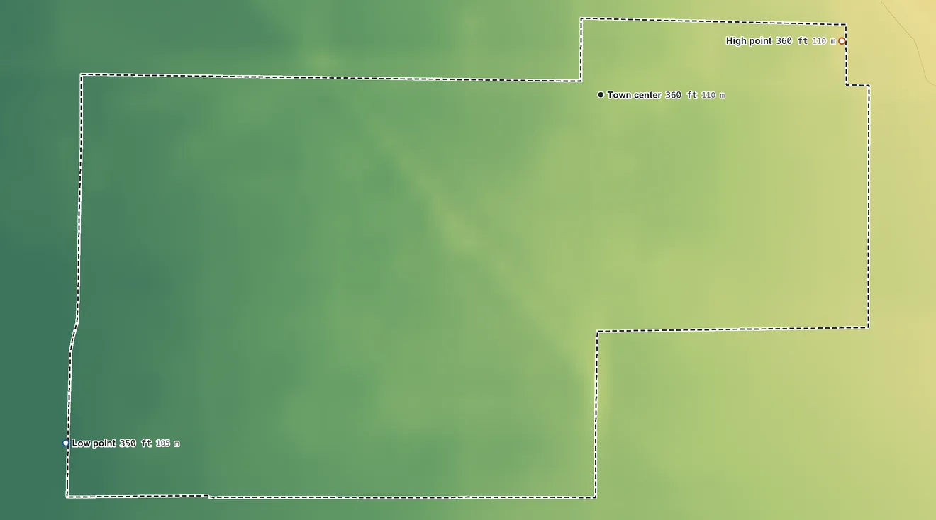 Topographic elevation map of Seville, California, shaded from 350 ft on the southwest side to 360 ft at the foot of the Venice Hills