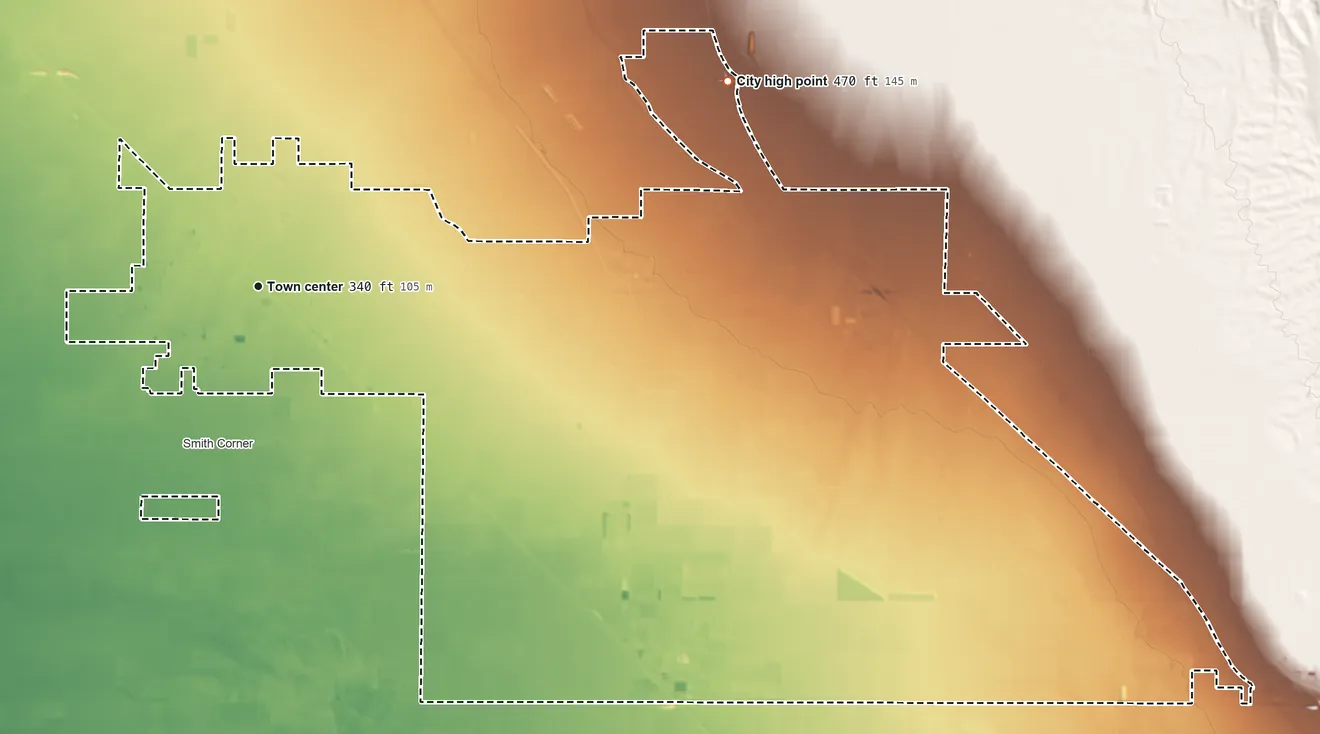 Topographic elevation map of Shafter, California, shaded from 300 ft on the southwest side to 470 ft on the northeast side