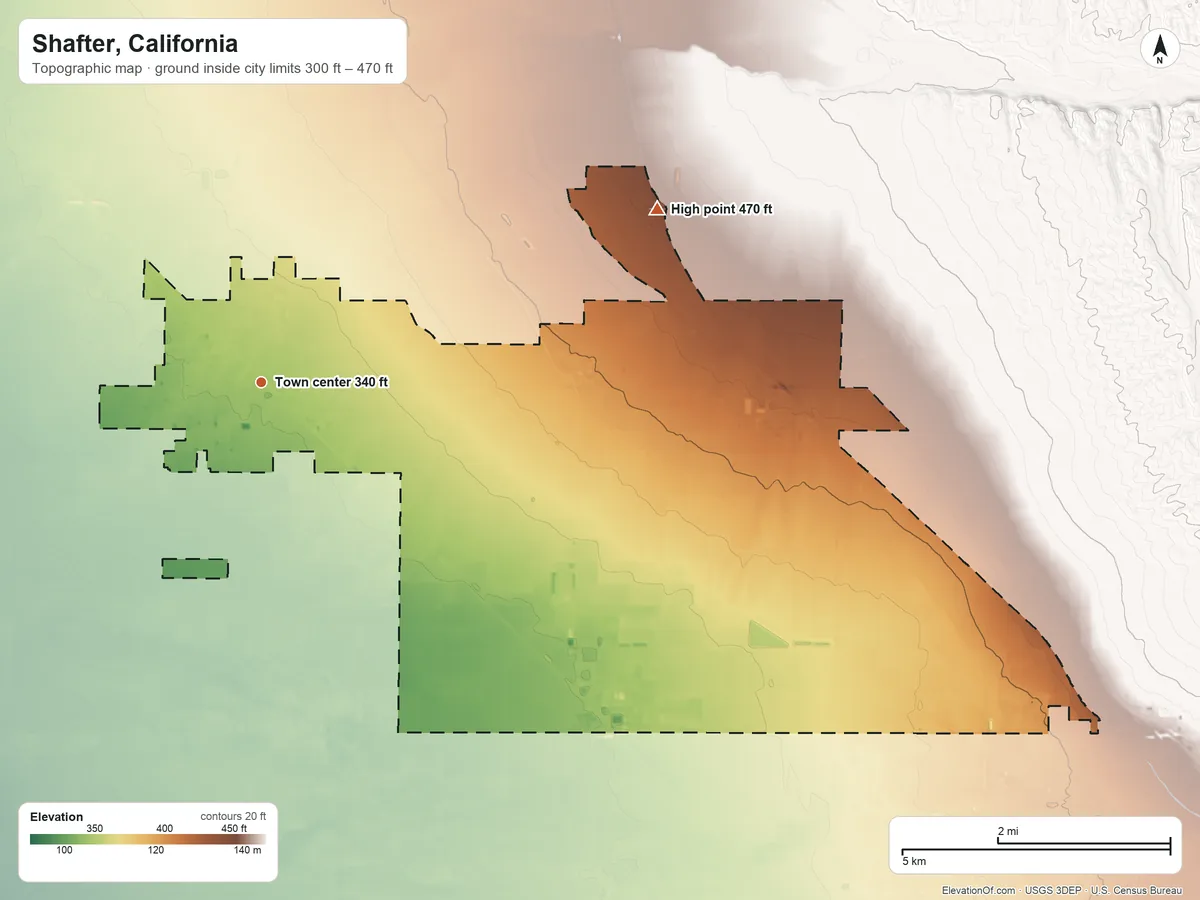 Topographic elevation map of Shafter, California, shaded from 300 ft on the southwest side to 470 ft on the northeast side