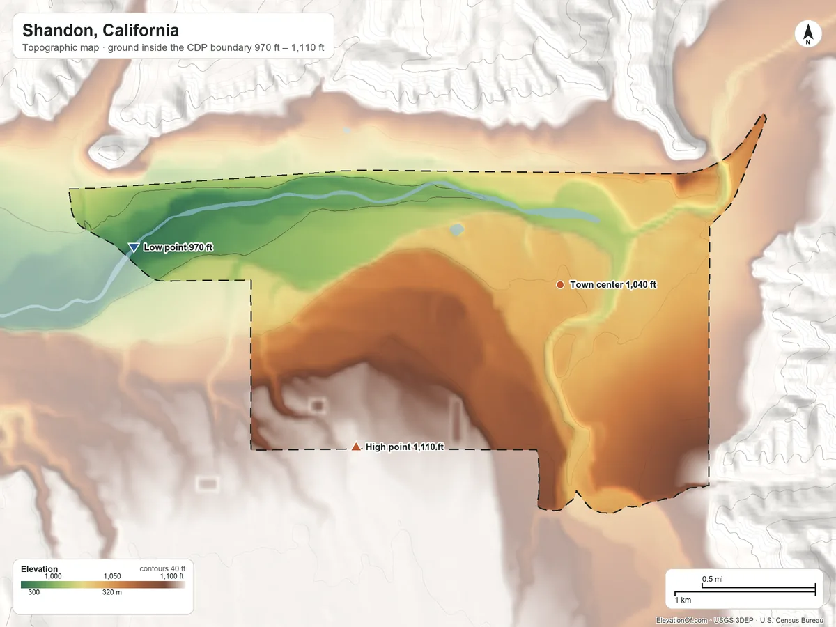Topographic elevation map of Shandon, California, shaded from 970 ft on the west side to 1,110 ft at the foot of the Eagle Hills