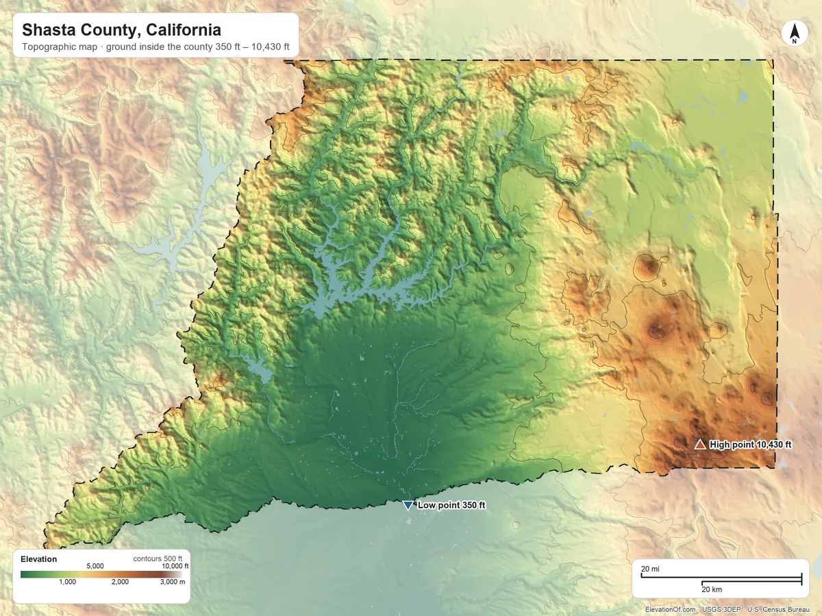 Topographic elevation map of Shasta County, California, shaded from 350 ft on the south side to 10,430 ft on Lassen Peak