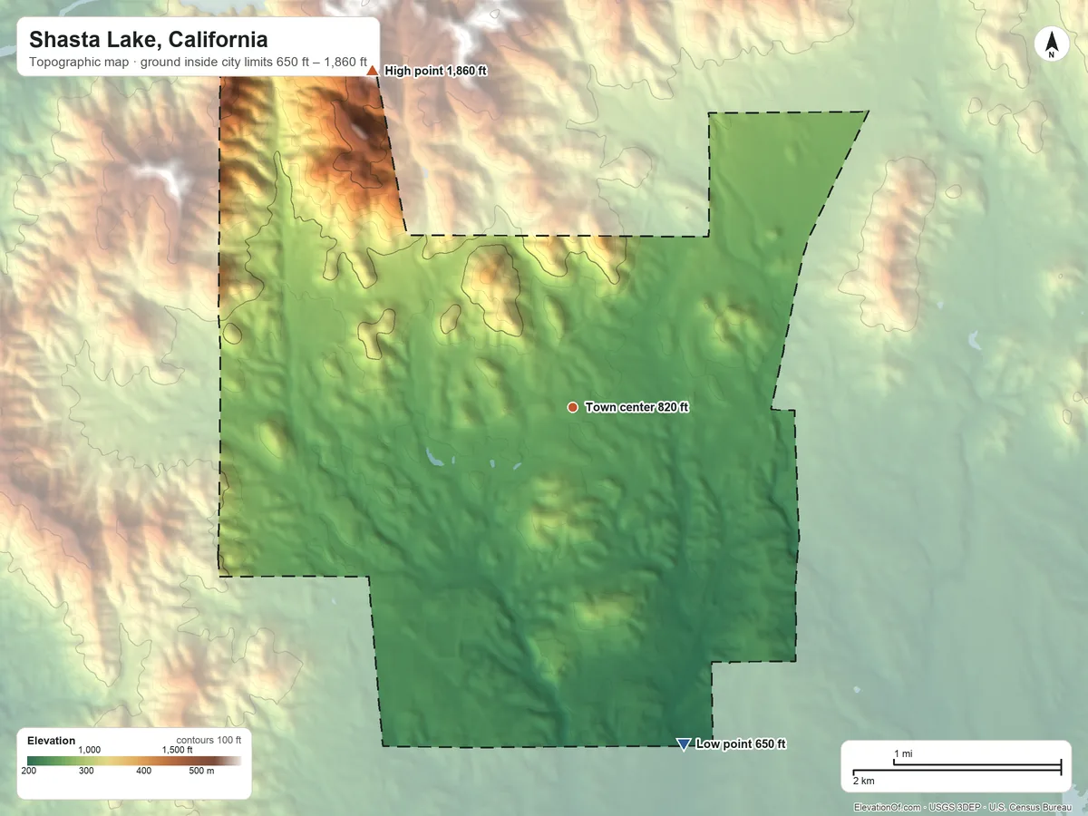 Topographic elevation map of Shasta Lake, California, shaded from 650 ft on the south side to 1,860 ft on the northwest edge, below higher ground just outside