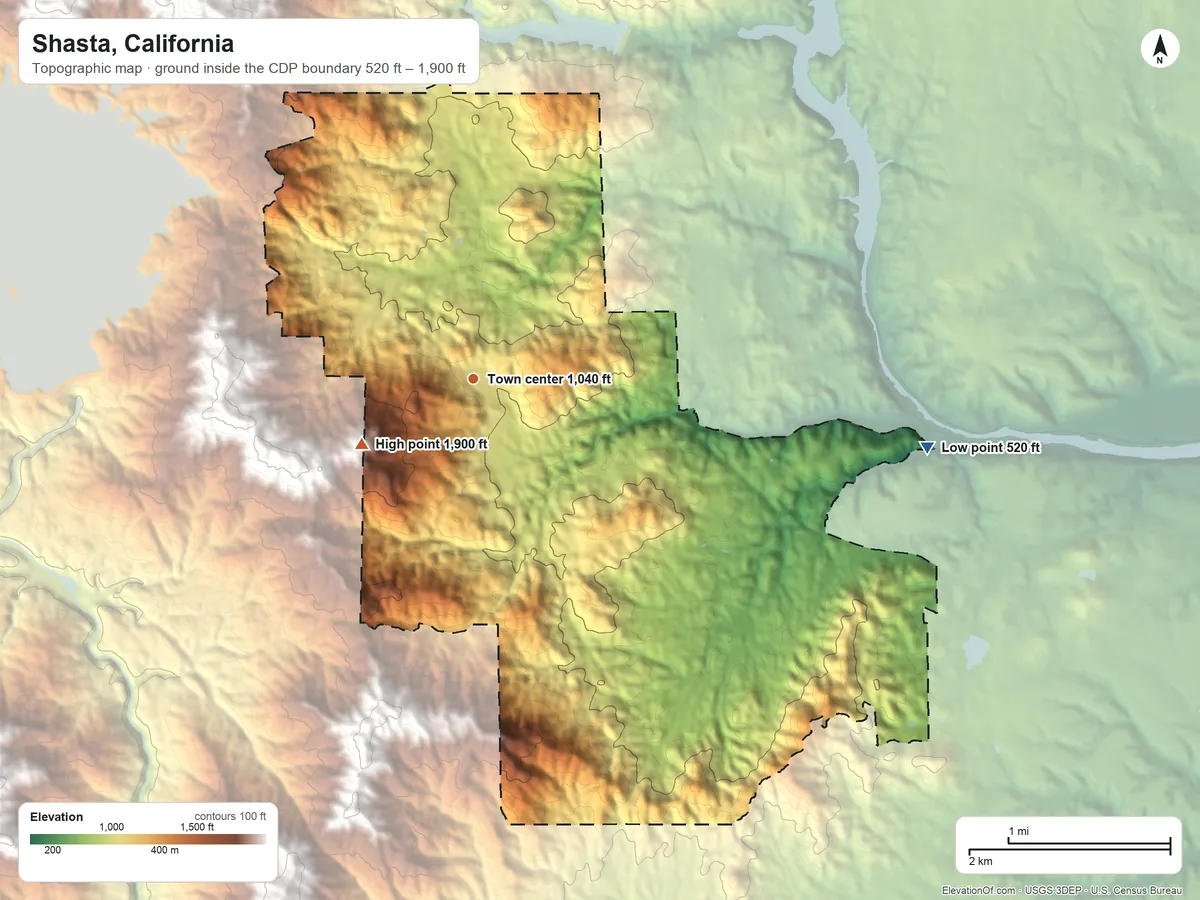 Topographic elevation map of Shasta, California, shaded from 520 ft on the east side to 1,900 ft on the southwest side