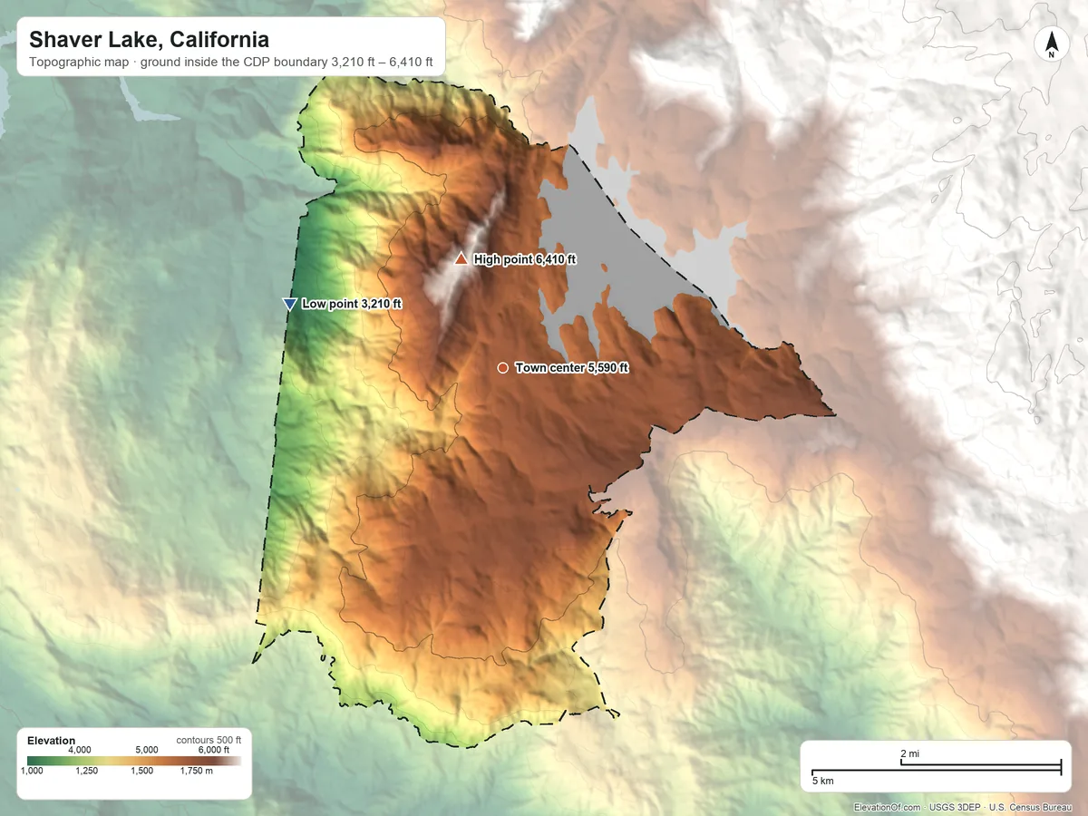 Topographic elevation map of Shaver Lake, California, shaded from 3,210 ft on the west side to 6,410 ft on Mount Stevenson