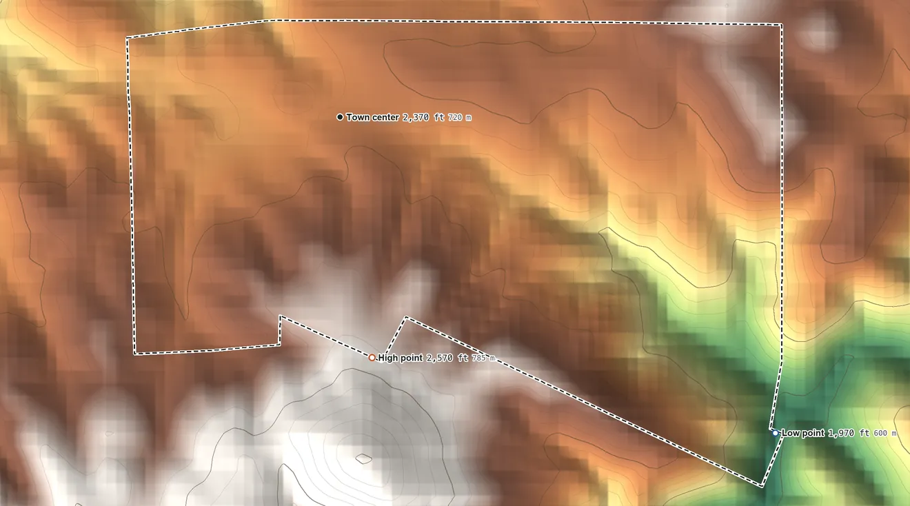 Topographic elevation map of Sheep Ranch, California, shaded from 1,970 ft on the southeast side to 2,570 ft on the south edge, below higher ground just outside