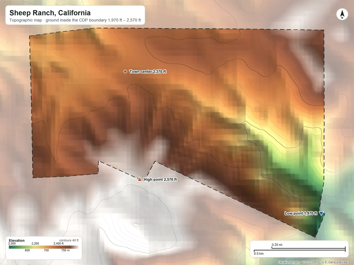 Topographic elevation map of Sheep Ranch, California, shaded from 1,970 ft on the southeast side to 2,570 ft on the south edge, below higher ground just outside