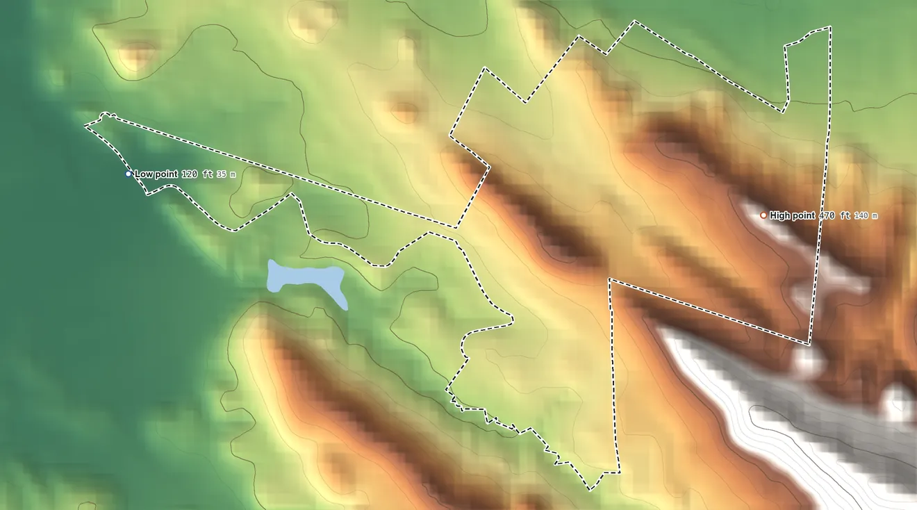 Topographic elevation map of Shell Ridge, California, shaded from 120 ft on the west side to 470 ft at the foot of the Briones Hills