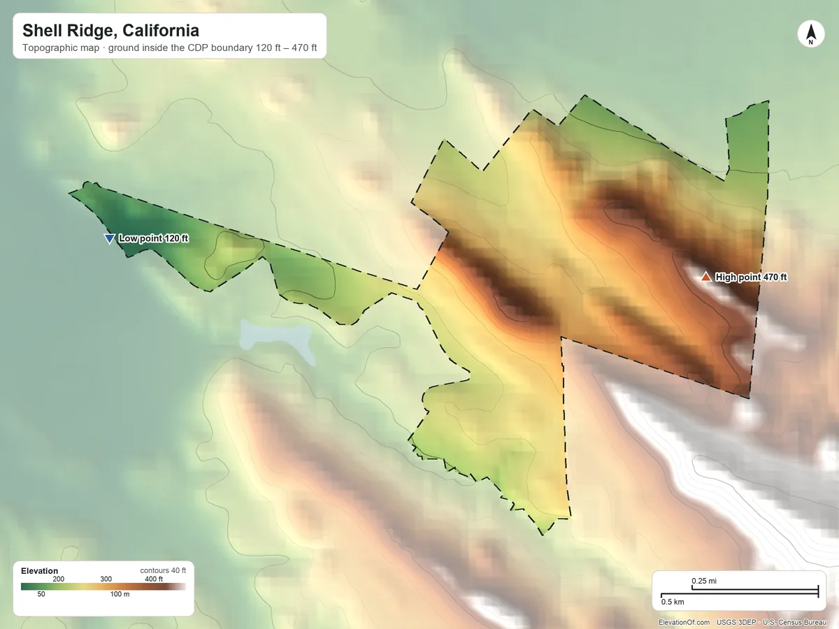 Topographic elevation map of Shell Ridge, California, shaded from 120 ft on the west side to 470 ft at the foot of the Briones Hills