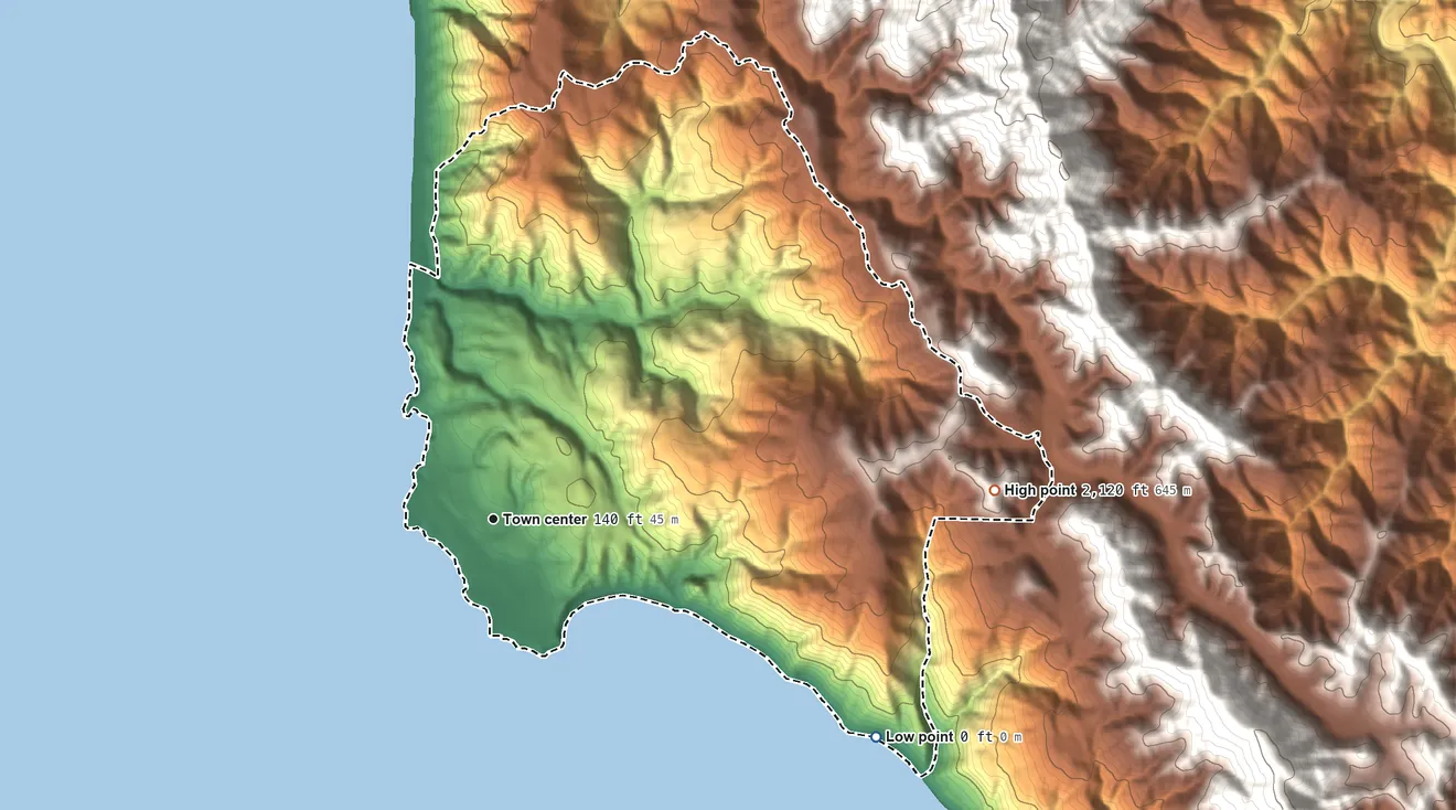 Topographic elevation map of Shelter Cove, California, shaded from sea level level on the Pacific Ocean to 2,120 ft at the foot of the King Range