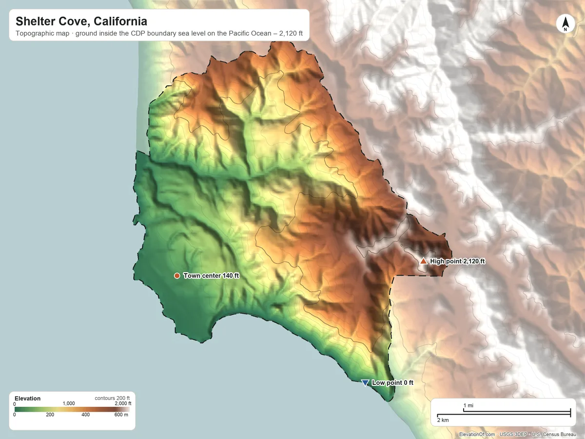 Topographic elevation map of Shelter Cove, California, shaded from sea level level on the Pacific Ocean to 2,120 ft at the foot of the King Range