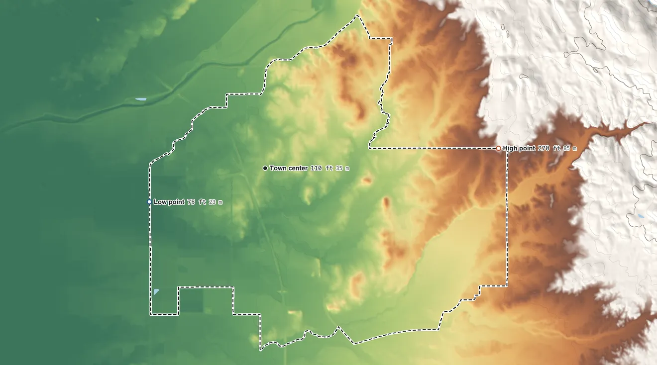 Topographic elevation map of Sheridan, California, shaded from 75 ft on the west side to 270 ft on the east side