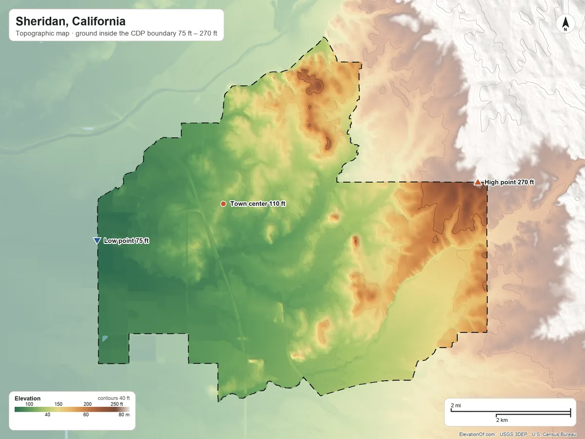 Topographic elevation map of Sheridan, California, shaded from 75 ft on the west side to 270 ft on the east side