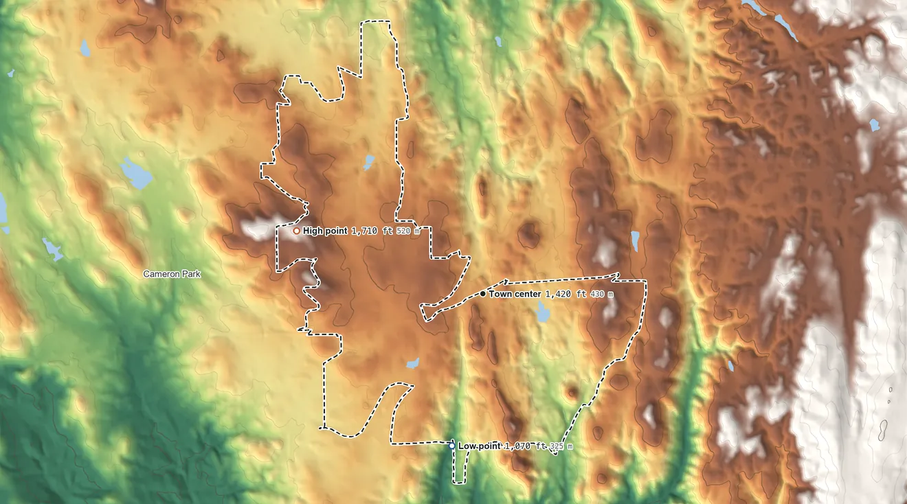 Topographic elevation map of Shingle Springs, California, shaded from 1,070 ft on the south side to 1,710 ft on the west side