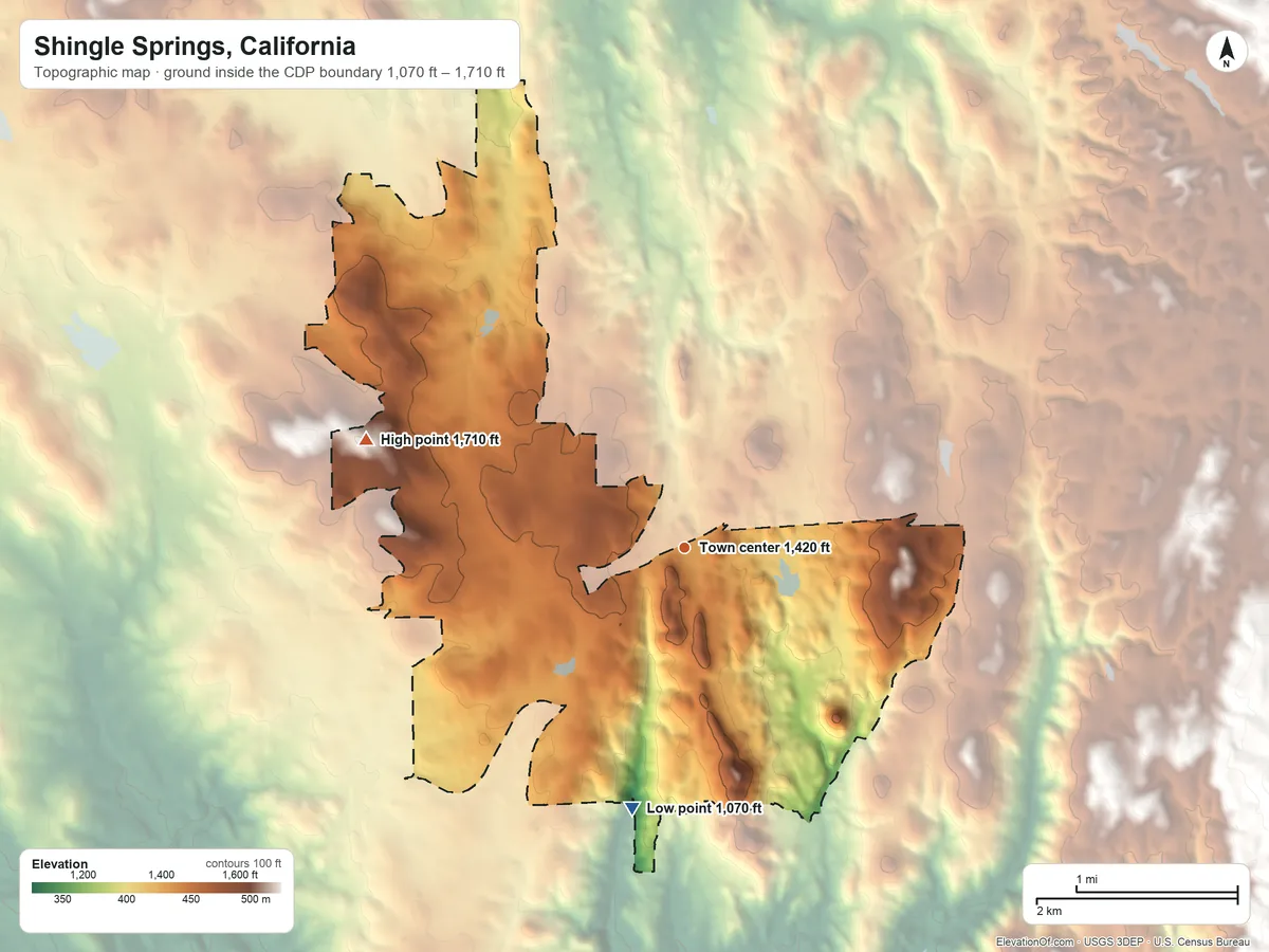 Topographic elevation map of Shingle Springs, California, shaded from 1,070 ft on the south side to 1,710 ft on the west side