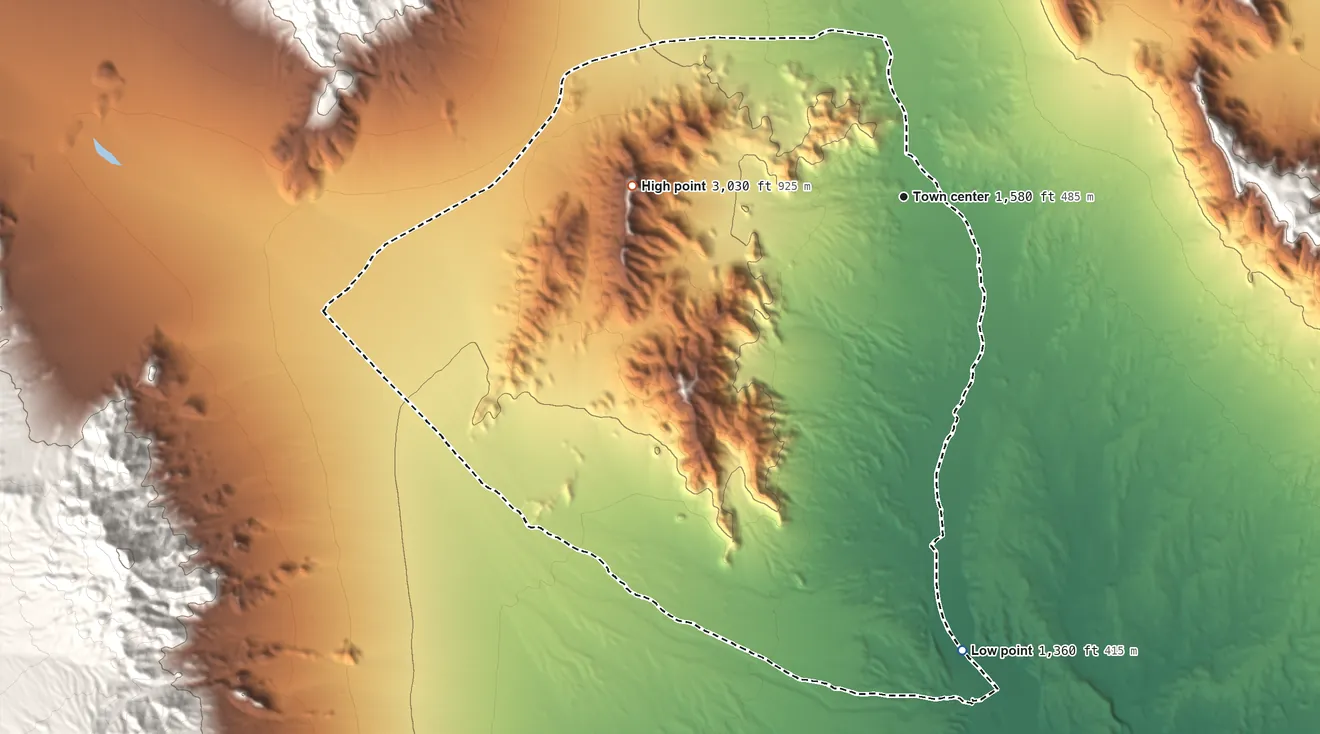 Topographic elevation map of Shoshone, California, shaded from 1,360 ft on the south side to 3,030 ft on the west side