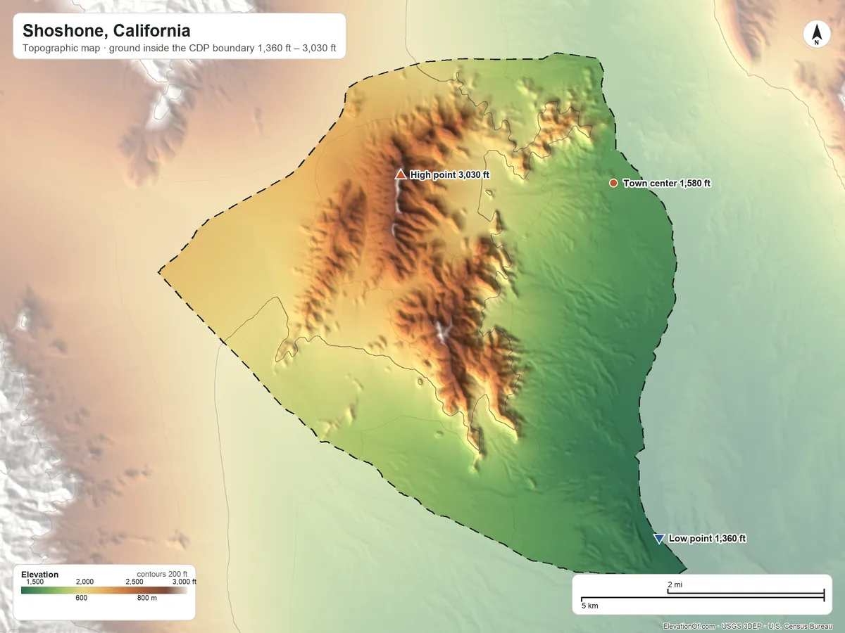 Topographic elevation map of Shoshone, California, shaded from 1,360 ft on the south side to 3,030 ft on the west side