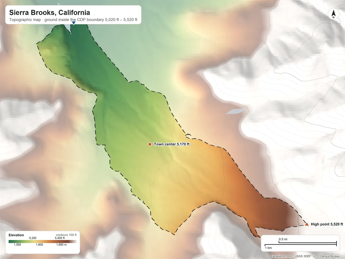 Topographic elevation map of Sierra Brooks, California, shaded from 5,020 ft on the northwest side to 5,520 ft at the foot of the Bald Mountain Range