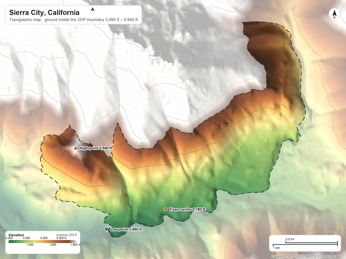 Topographic elevation map of Sierra City, California, shaded from 3,990 ft on the west side to 5,940 ft on the northwest edge, below higher ground just outside