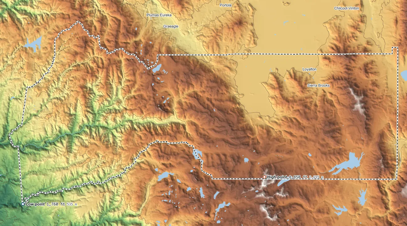 Topographic elevation map of Sierra County, California, shaded from 1,760 ft on the southwest side to 8,850 ft on the southeast side