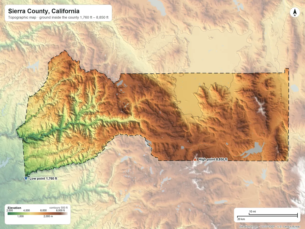Topographic elevation map of Sierra County, California, shaded from 1,760 ft on the southwest side to 8,850 ft on the southeast side