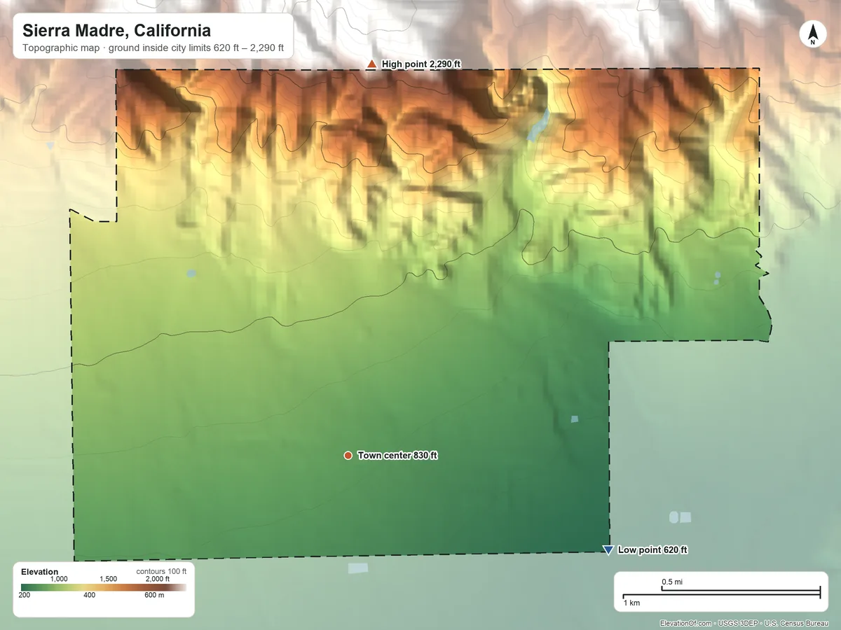 Topographic elevation map of Sierra Madre, California, shaded from 620 ft on the east side to 2,290 ft at the foot of the San Rafael Hills