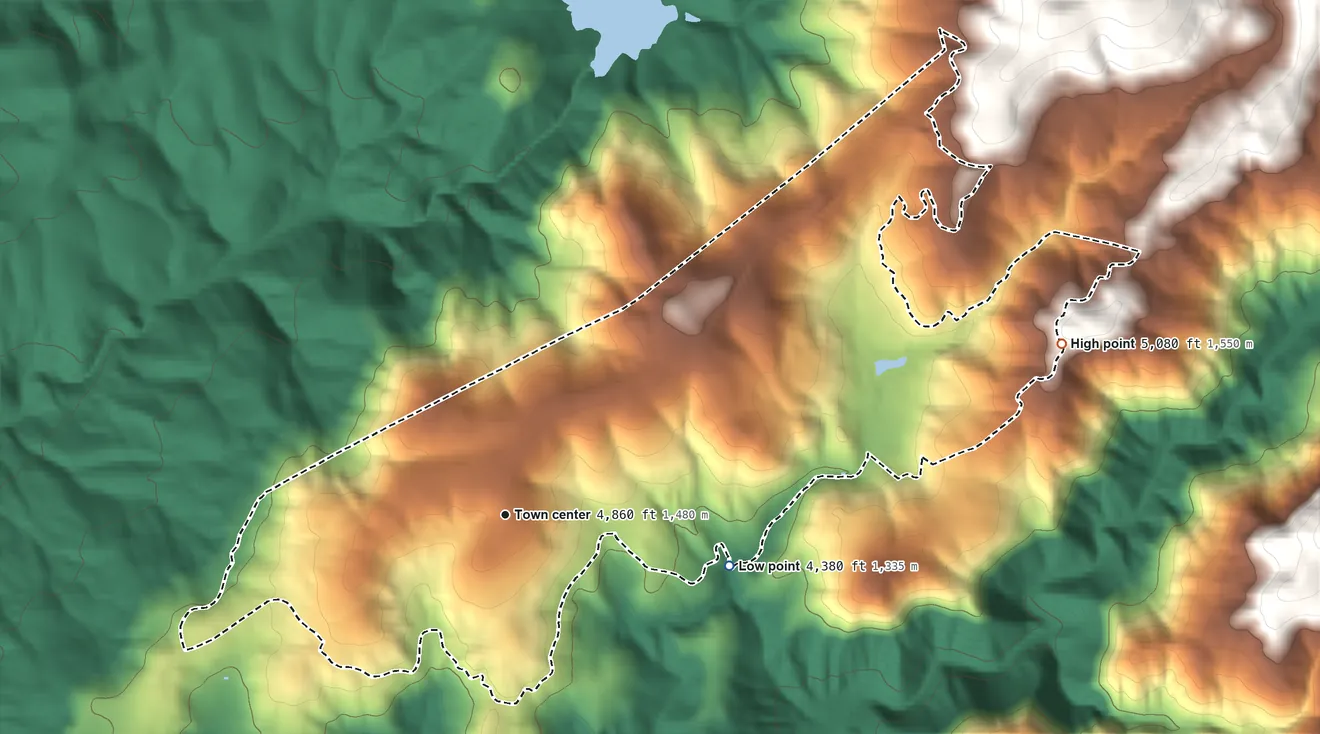 Topographic elevation map of Sierra Village, California, shaded from 4,380 ft on the east side to 5,080 ft on the east edge, below higher ground just outside