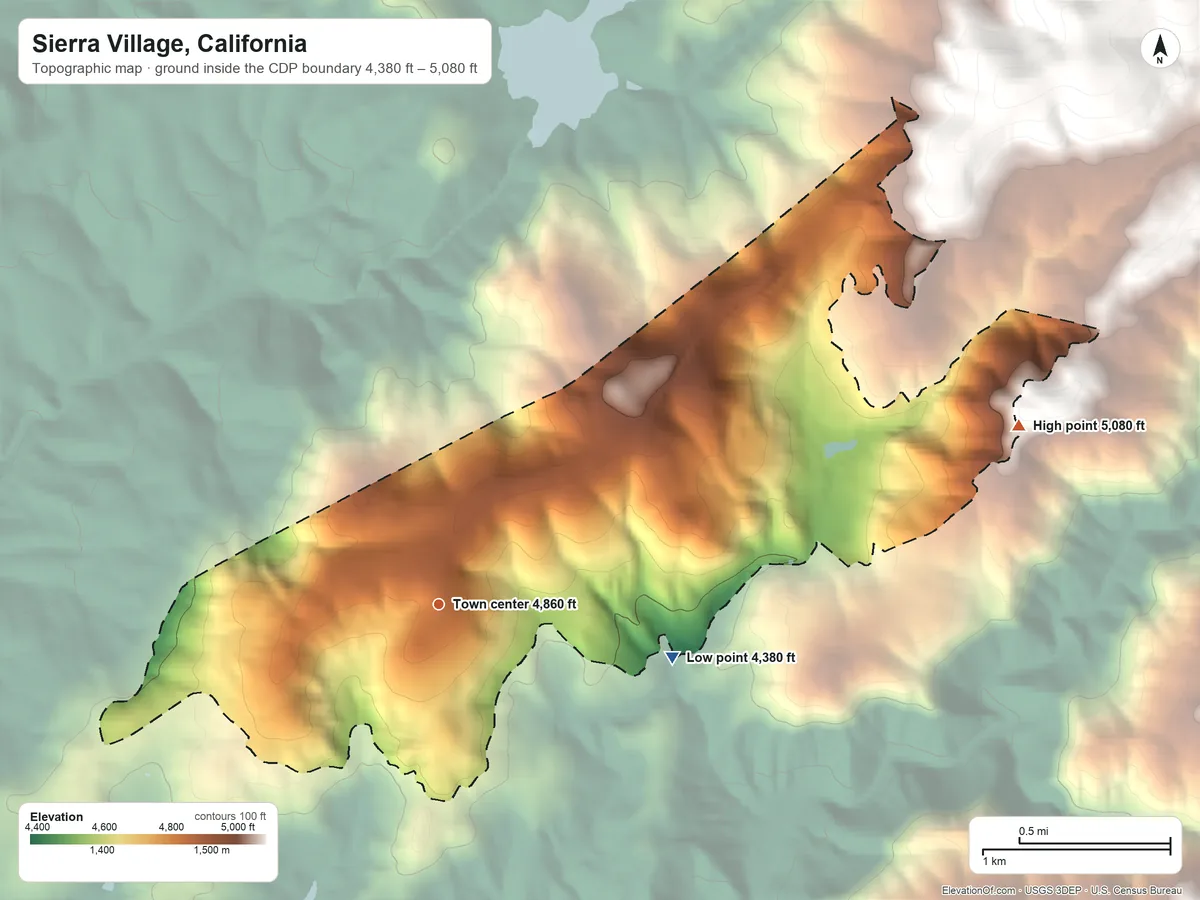 Topographic elevation map of Sierra Village, California, shaded from 4,380 ft on the east side to 5,080 ft on the east edge, below higher ground just outside