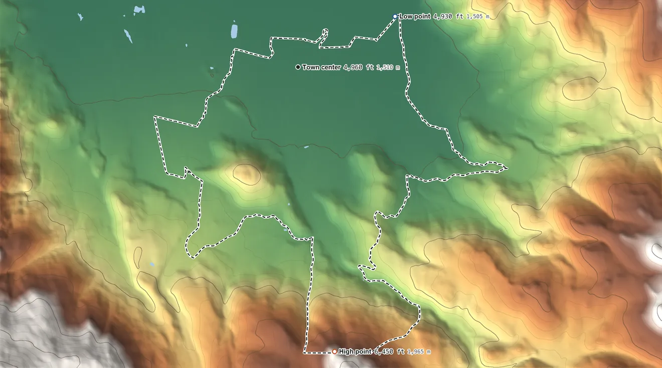 Topographic elevation map of Sierraville, California, shaded from 4,930 ft on the northeast side to 6,450 ft at the foot of the Sagehen Hills