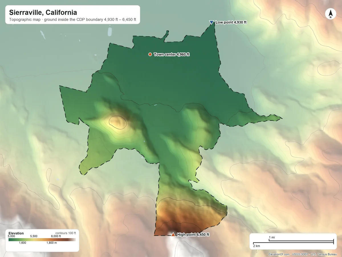 Topographic elevation map of Sierraville, California, shaded from 4,930 ft on the northeast side to 6,450 ft at the foot of the Sagehen Hills