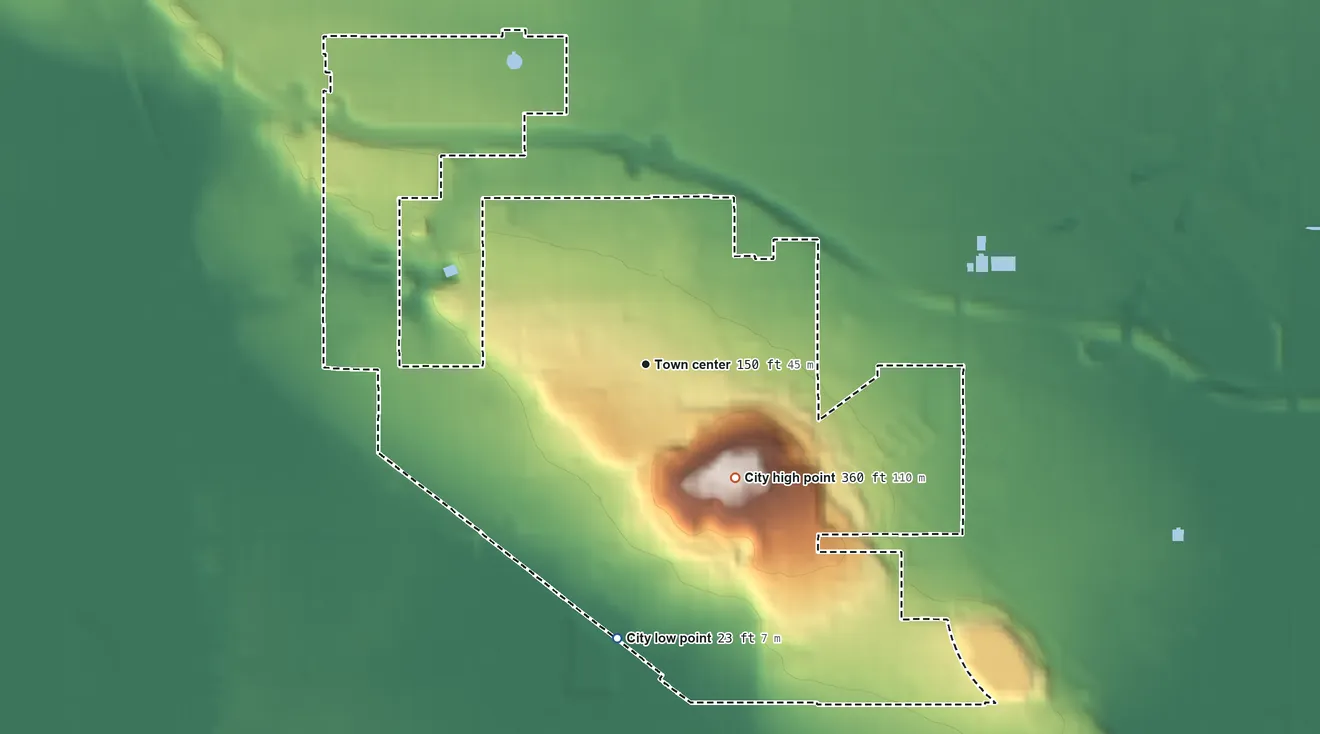 Topographic elevation map of Signal Hill, California, shaded from 23 ft on the south side to 361 ft on Signal Hill
