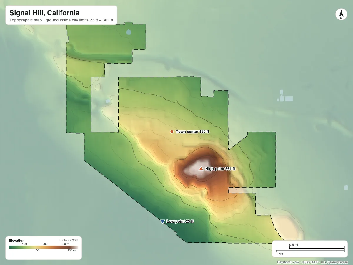 Topographic elevation map of Signal Hill, California, shaded from 23 ft on the south side to 361 ft on Signal Hill