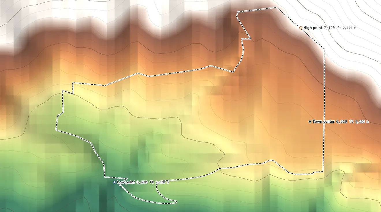 Topographic elevation map of Silver City, California, shaded from 6,630 ft on the west side to 7,120 ft on the north edge, below higher ground just outside