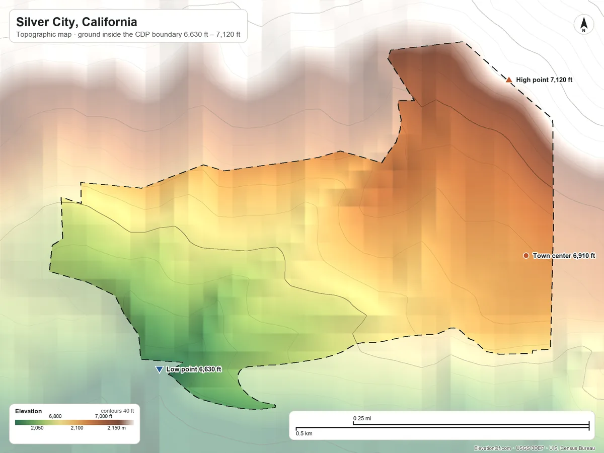 Topographic elevation map of Silver City, California, shaded from 6,630 ft on the west side to 7,120 ft on the north edge, below higher ground just outside