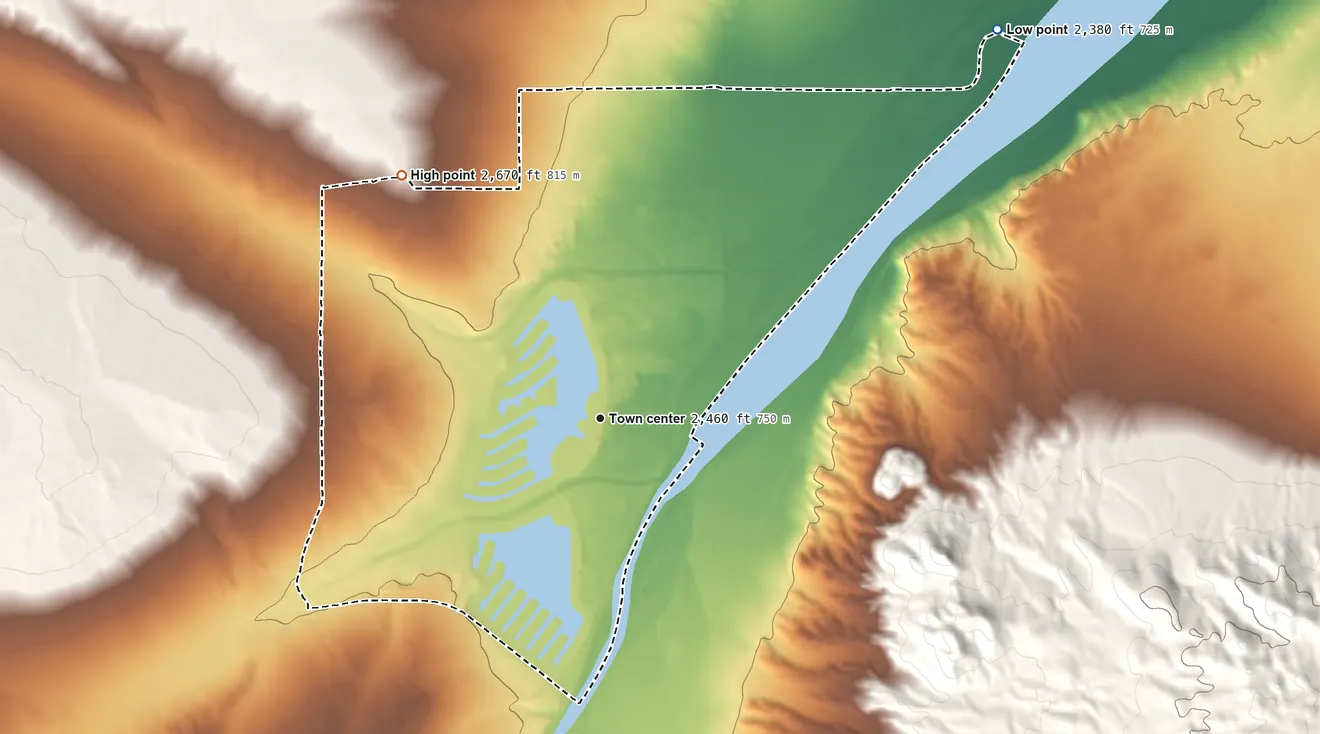 Topographic elevation map of Silver Lakes, California, shaded from 2,380 ft on the northeast side to 2,670 ft on the northwest side
