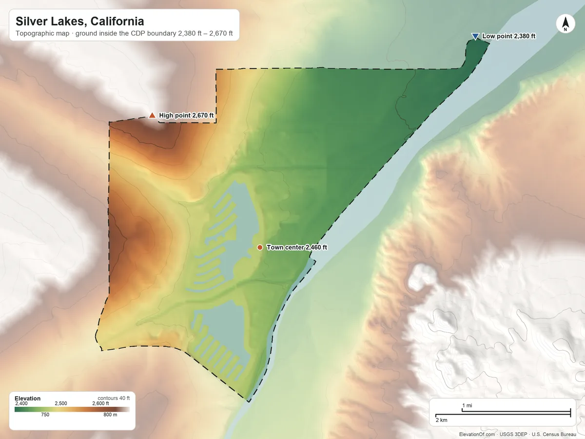 Topographic elevation map of Silver Lakes, California, shaded from 2,380 ft on the northeast side to 2,670 ft on the northwest side