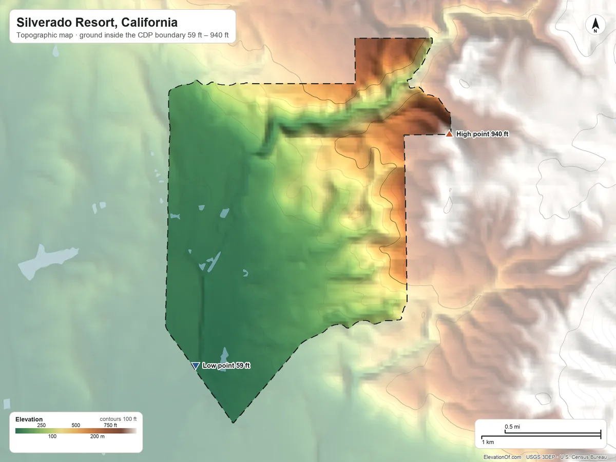Topographic elevation map of Silverado Resort, California, shaded from 59 ft on the southwest side to 940 ft at the foot of the Vaca Mountains