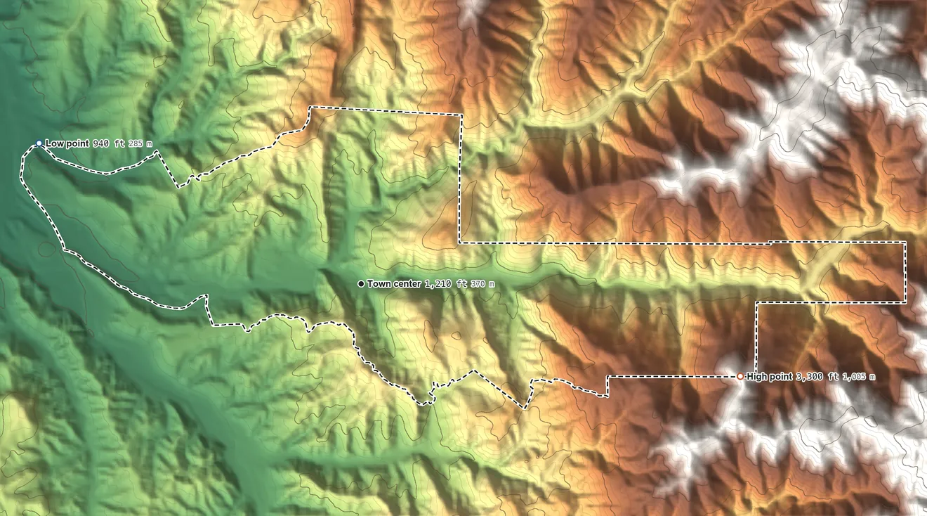 Topographic elevation map of Silverado, California, shaded from 940 ft on the northwest side to 3,300 ft at the foot of the Santa Ana Mountains