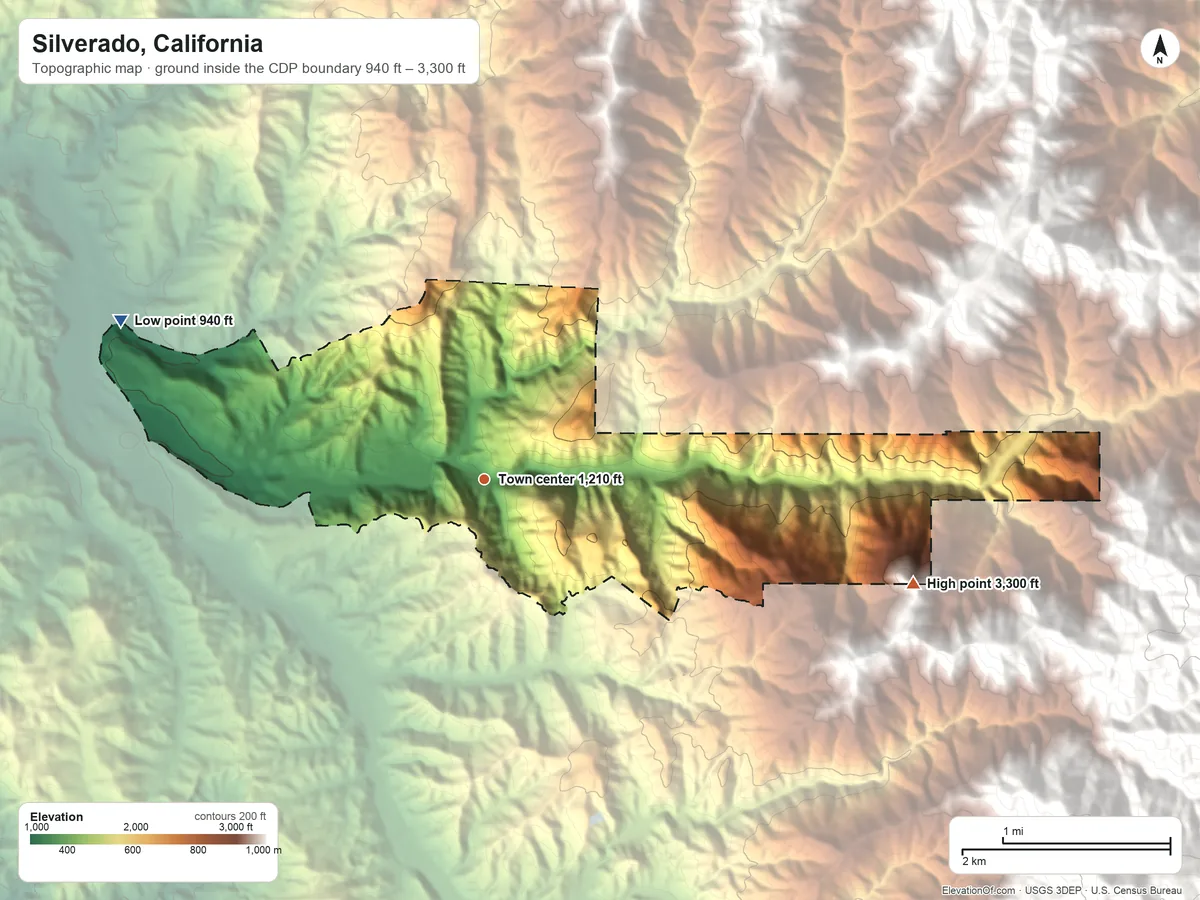 Topographic elevation map of Silverado, California, shaded from 940 ft on the northwest side to 3,300 ft at the foot of the Santa Ana Mountains