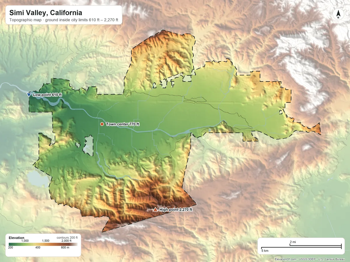 Topographic elevation map of Simi Valley, California, shaded from 610 ft on the west side to 2,270 ft on the southeast side
