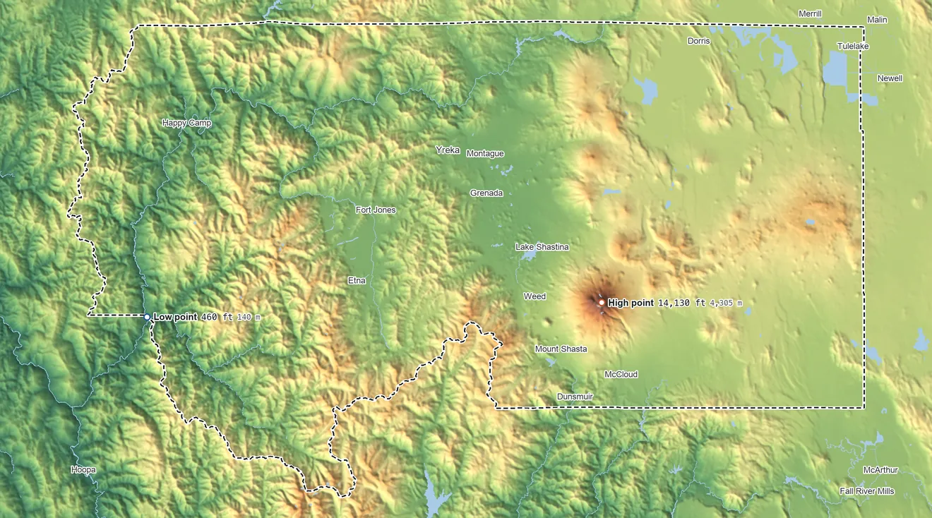 Topographic elevation map of Siskiyou County, California, shaded from 460 ft on the west side to 14,130 ft on Mount Shasta