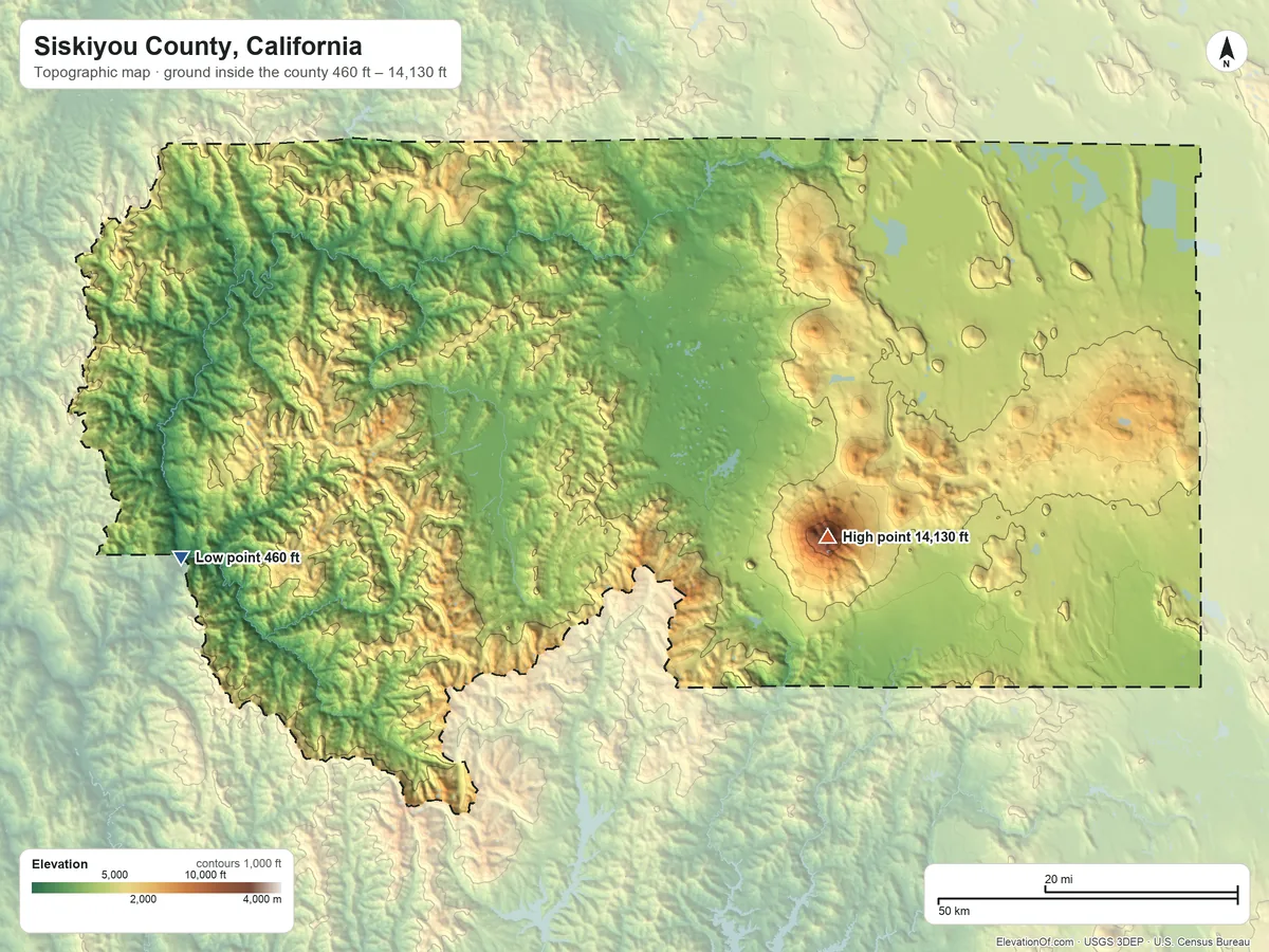 Topographic elevation map of Siskiyou County, California, shaded from 460 ft on the west side to 14,130 ft on Mount Shasta