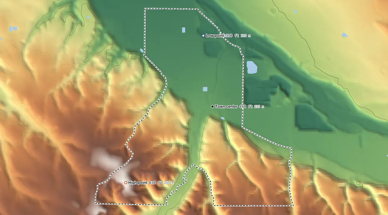 Topographic elevation map of Sisquoc, California, shaded from 390 ft on the north side to 830 ft on the southwest side