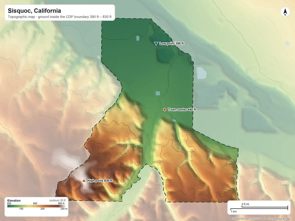 Topographic elevation map of Sisquoc, California, shaded from 390 ft on the north side to 830 ft on the southwest side