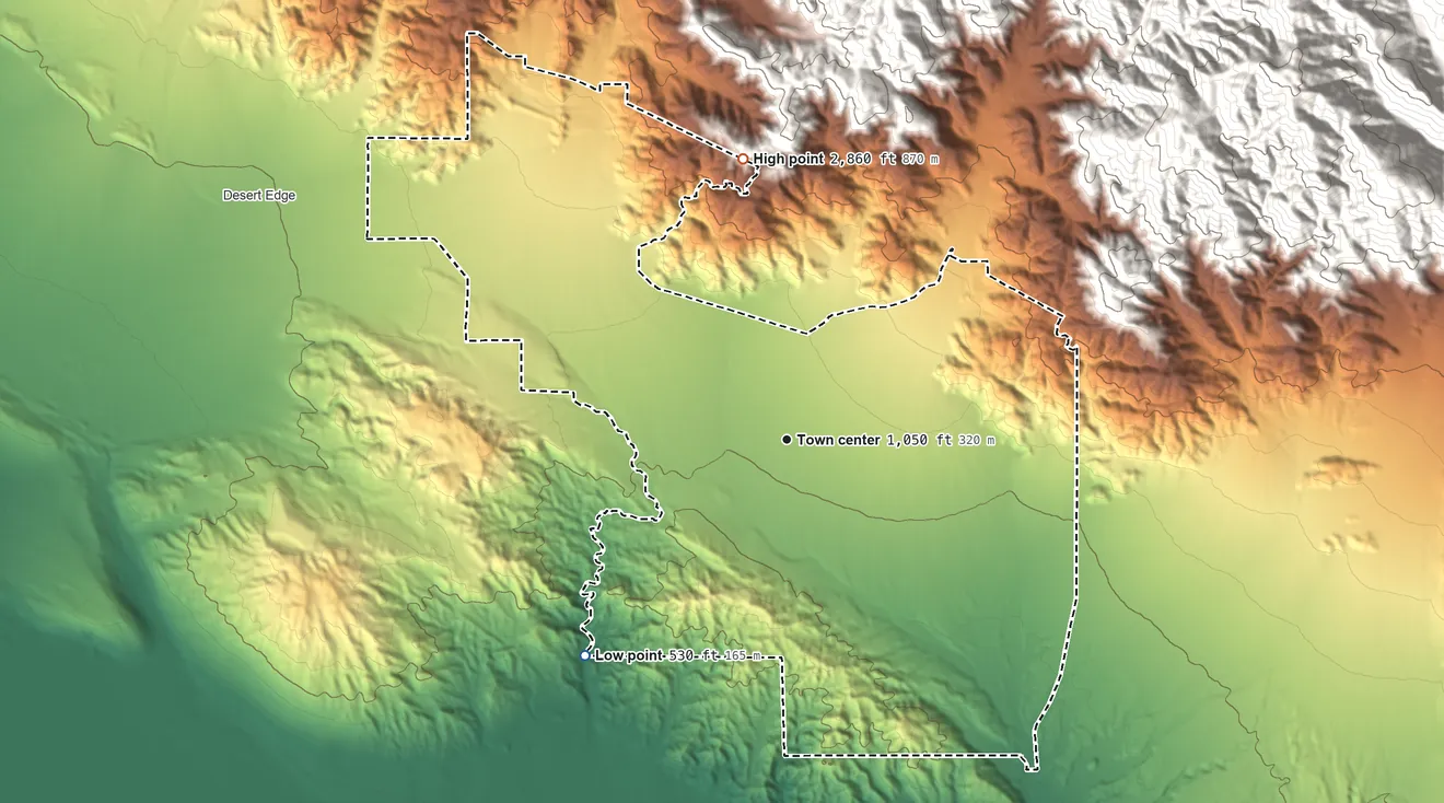 Topographic elevation map of Sky Valley, California, shaded from 530 ft on the southwest side to 2,860 ft at the foot of the Little San Bernardino Mountains