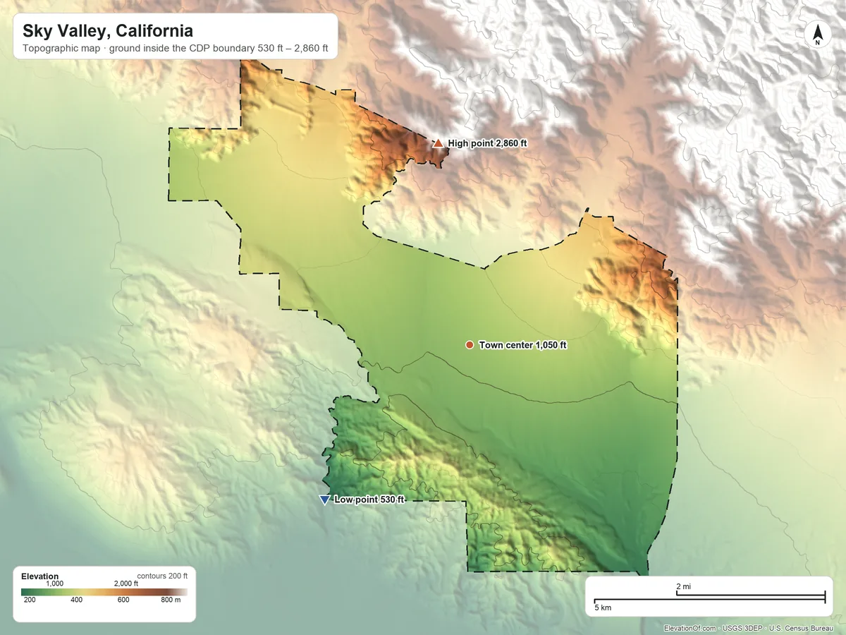 Topographic elevation map of Sky Valley, California, shaded from 530 ft on the southwest side to 2,860 ft at the foot of the Little San Bernardino Mountains
