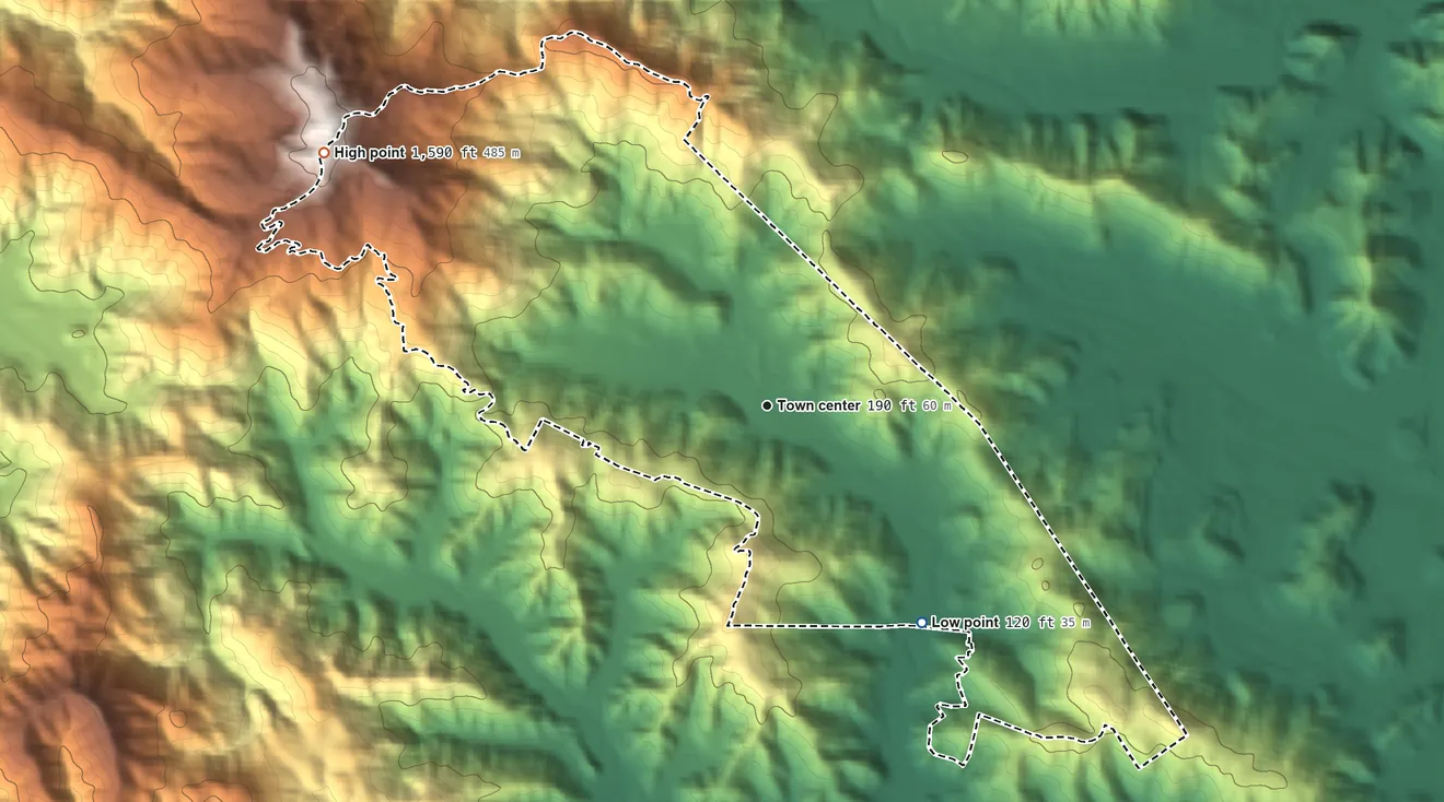 Topographic elevation map of Sleepy Hollow, California, shaded from 120 ft on the southeast side to 1,590 ft on Loma Alta