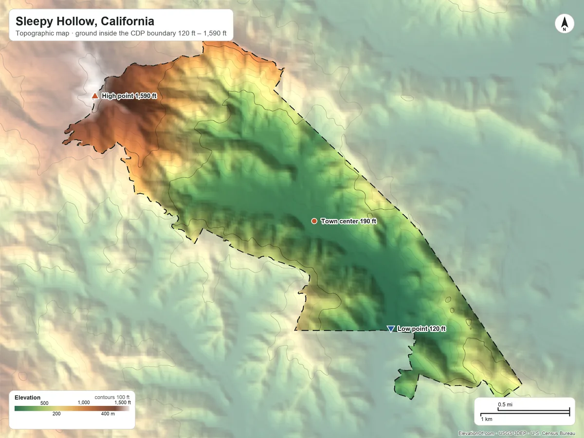 Topographic elevation map of Sleepy Hollow, California, shaded from 120 ft on the southeast side to 1,590 ft on Loma Alta