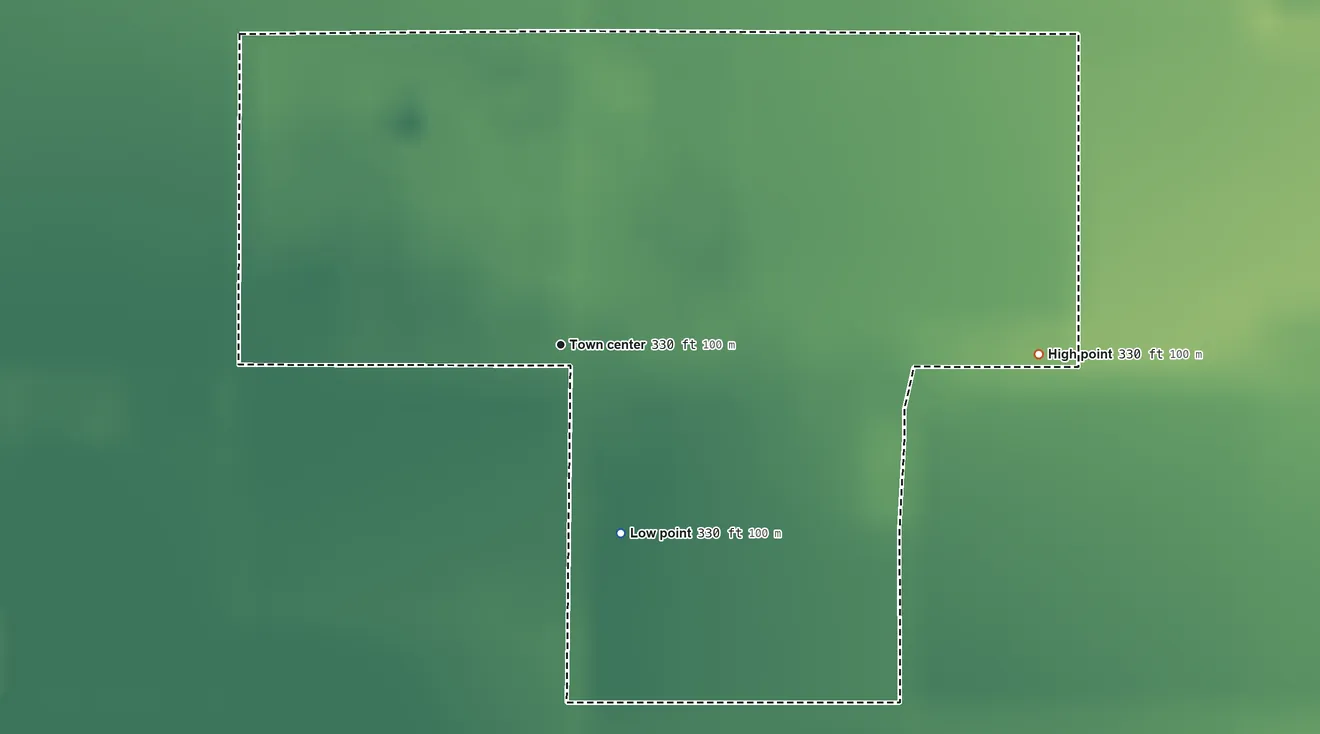 Topographic elevation map of Smith Corner, California, shaded from 330 ft on the south side to 330 ft on the east side